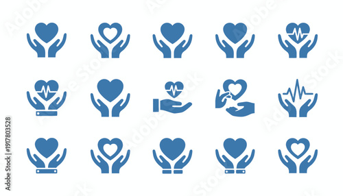 Collection of blue heart and hand icons representing care and support