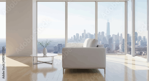 Modern luxury living room with large windows and stylish furniture