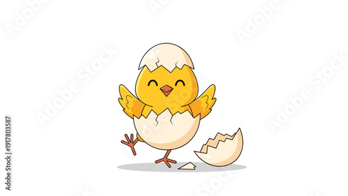 Adorable yellow chick character happily hatching from a white eggshell with pieces on the floor in a cute illustration.