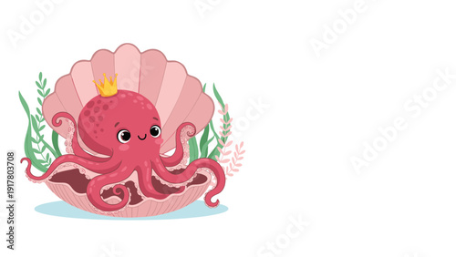 Adorable pink baby octopus wearing a small golden crown and sitting inside a large open sea shell with seaweed.
