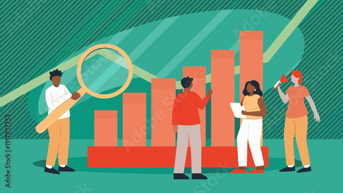 Diverse team analyzing rising bar graph with magnifying glass and megaphone in modern illustration with business and marketing and statistics