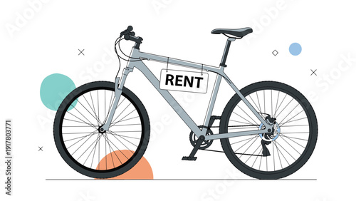 Modern gray mountain bike with a large rent sign hanging from the frame set against a minimal geometric background.