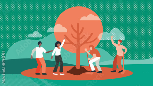 Group of people planting a large tree together in a green landscape illustration with environment and conservation and sustainability and teamwork