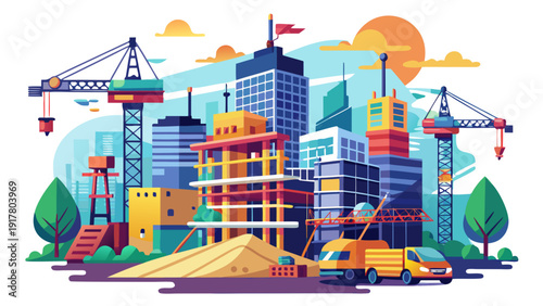 Very beautiful detailed vector illustration of a construction site with multiple cranes and partially built structures isolated on transparent background, symbolizing modern urban development and arch