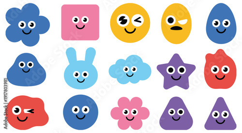 Cute colorful abstract shape face vector set with smiling cartoon characters in playful modern flat design style for ranked fun graphics, children’s illustrations, app icons, social media visuals