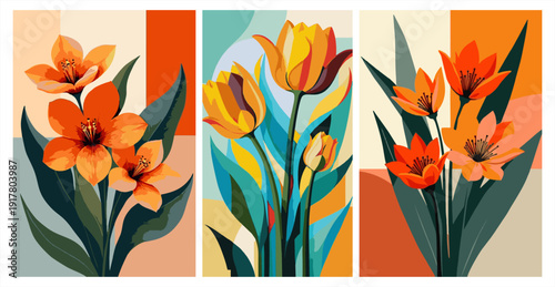 Cherry blossom triptych vector with pink flowers and full moon, Japanese style art.