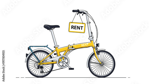 Compact yellow folding bicycle with a rent sign on the handlebars shown as an eco-friendly transport option.