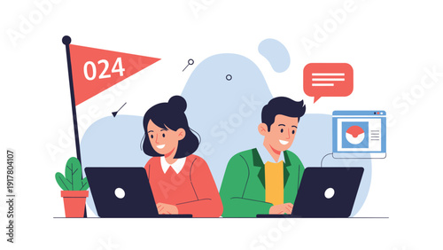 Diverse young man and woman working together on their laptops in a modern office or productive coworking space environment.