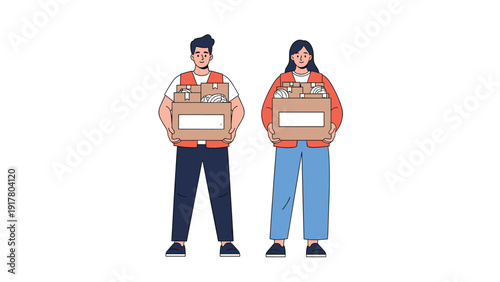 Professional male and female delivery couriers in orange vests holding boxes of fresh food for home delivery service.
