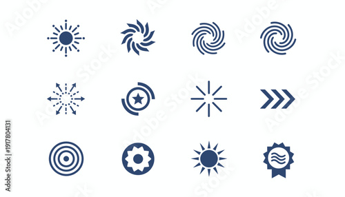 Collection of abstract blue icons representing various concepts and actions in a grid layout from a straightforward viewpoint
