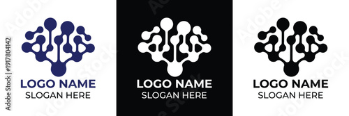 Vector illustration of three minimalist logo concepts featuring hexagonal icons, placeholder text for brand name and slogan, in blue, green, and black color schemes.
