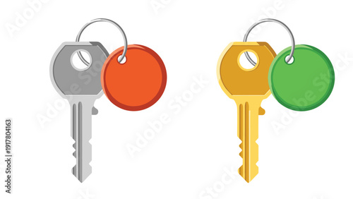 Set of two metal keys with colorful red and green round plastic tags attached to a silver ring for identification.