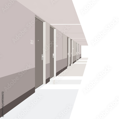Empty Hotel Corridor with Repeating Doors and Modern Minimalist Design