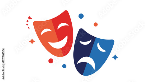Traditional comedy and tragedy drama masks in red and blue representing theater performance and theatrical arts.