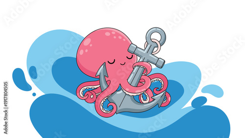 Cute pink octopus wrapping its tentacles around a large metal anchor in a blue ocean wave illustration style.