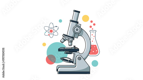 Scientific laboratory microscope surrounded by research icons including an atom model and a test tube with fluid.