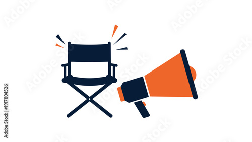 Navy blue director chair next to a large orange megaphone representing film production and movie set management.