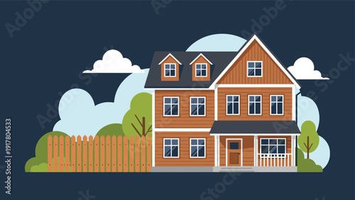 Beautiful three story suburban family home with a brown wooden facade and a garden fence under a clear night sky.