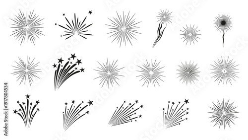 Collection of various black fireworks and starburst silhouettes for celebration, holiday, and festival decoration designs.