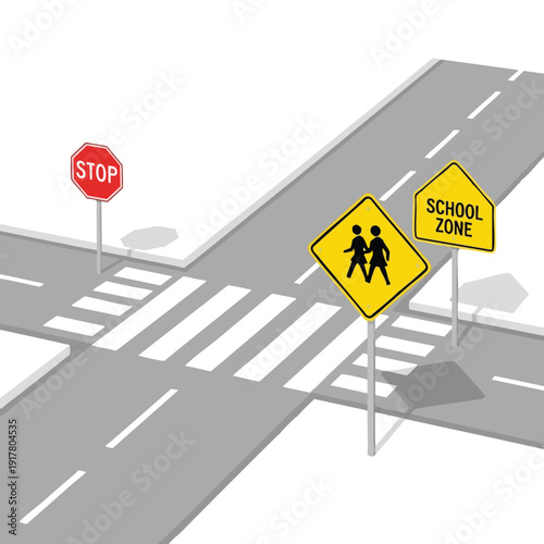 Children Crossing at a School Zone with Traffic Signs and Road Markings