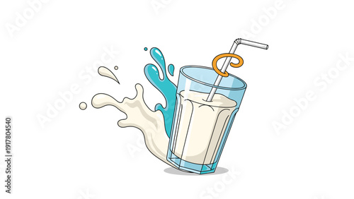 Refreshing vanilla milkshake or smoothie in a tall glass with a straw and dynamic liquid splashes on a white background.