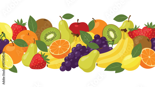 Abundant assortment of fresh fruits including bananas, apples, grapes, strawberries, oranges, and kiwi in a vibrant pile.