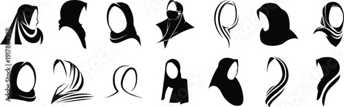Collection of diverse hijab and Niqab silhouettes representing various styles of Muslim Womens