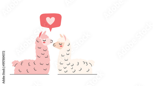 Two cute llamas or alpacas in pink and white standing together with a bright red heart speech bubble between them.