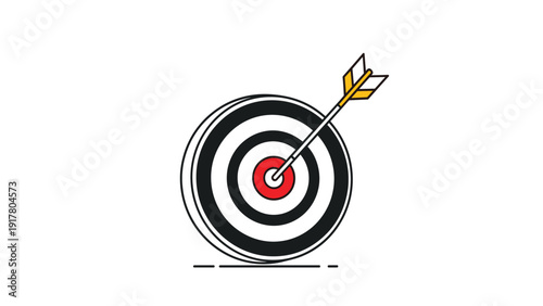 Archery target board with a single arrow hitting the center bullseye representing success, goals, and accuracy.