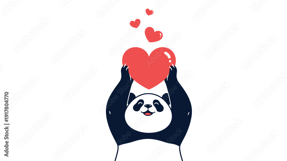 Fototapeta premium Lovable panda illustration holding a large red heart with several smaller hearts floating above to convey feelings of love and affection.