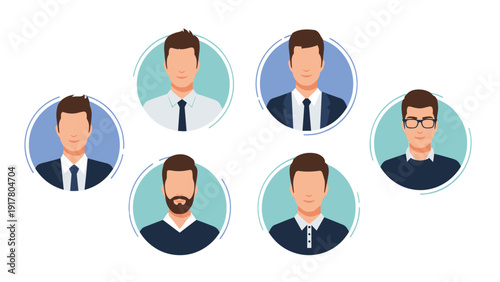 Selection of professional male profile avatars in blue and green circular frames showing various hair styles and corporate clothing options.