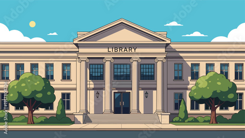 Classical library building architecture with grand columns and green trees under a bright blue sky illustrated in a charming pixel art style.