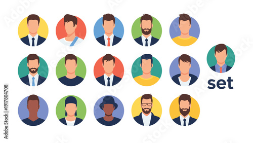 Diverse collection of male avatar icons in colorful circular frames representing various hairstyles and professional business looks for profiles.