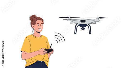 Modern technology illustration of a young woman operating a white quadcopter drone using a remote control against a plain background.
