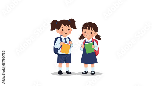 Two happy schoolgirls in uniforms and backpacks holding colorful textbooks while standing together on their first day of classes.