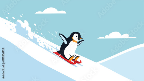 Playful penguin character sliding down a snowy white slope on a red sled under a clear blue sky with fluffy white clouds in the background.