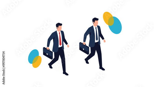 Isometric business concept featuring two professional men in suits carrying briefcases and walking forward alongside abstract colorful shapes.