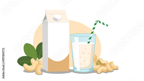 Nutritious plant-based cashew milk presented in a white carton and a glass with a straw surrounded by raw nuts and green leaves.