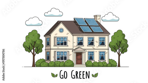 Sustainable living concept featuring a modern two-story house equipped with solar panels on the roof surrounded by trees and bushes.