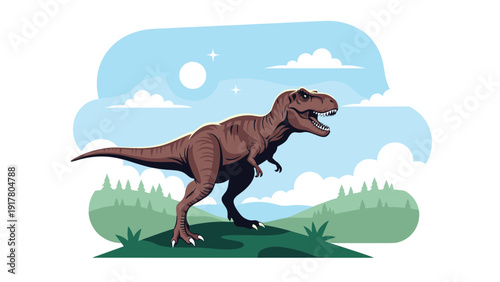 Majestic Tyrannosaurus Rex dinosaur standing in a prehistoric valley with green hills and mountains under a bright sun and clouds.