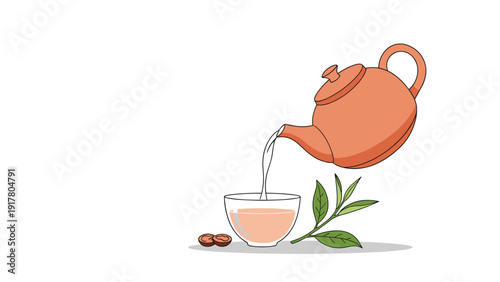 Elegant teapot pouring hot tea into a transparent glass cup decorated with fresh green tea leaves and seeds on a white background.