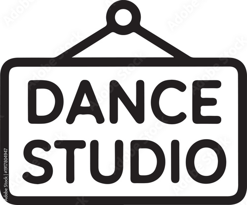Dance Studio Sign Icon Minimal Line Illustration, Simple black line icon of a hanging sign reading Dance Studio, representing dance classes, performing arts schools, and creative movement spaces.