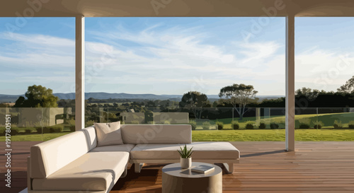 Modern luxury office and hotel building with glass windows balcony and garden view