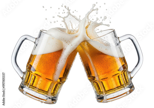 Two beer mugs clinking in a toast with splashing foam on transparent background