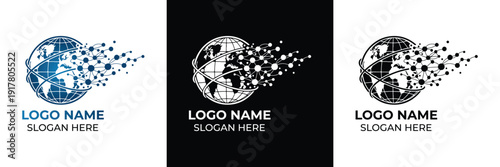 Three variations of a vector illustration depicting a world map with interconnected dots symbolizing global networking and digital connectivity.