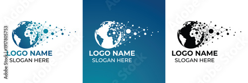 Three world maps depicting global connectivity with dots and lines, designed for branding with logo and slogan placeholders.