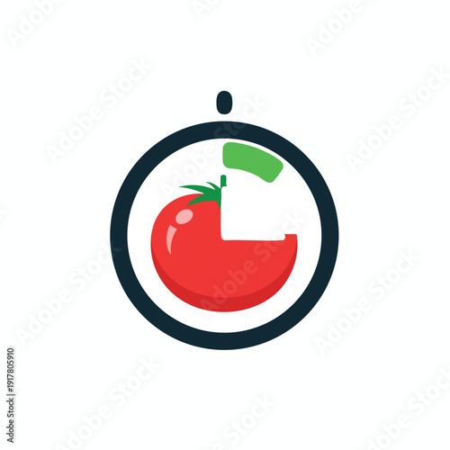 Bright Red Tomato Icon with Green Stem and Timer Design for Healthy Cooking and Food Preparation