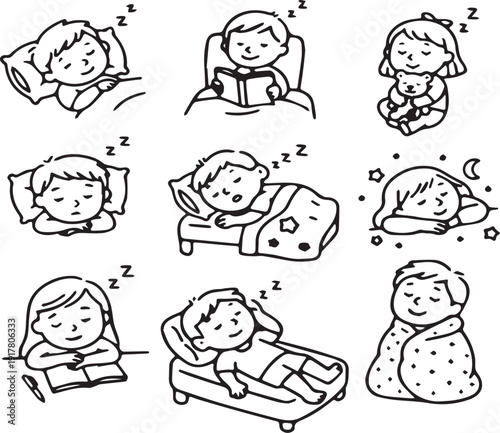 Children bedtime routines illustration 3x3 grid cartoon sleep reading teddy bear notebook cozy lifestyle vector design