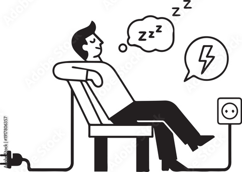 Person sleeping in powered chair illustration with thought bubble Z symbols lightning bolt electricity rest recharge vector