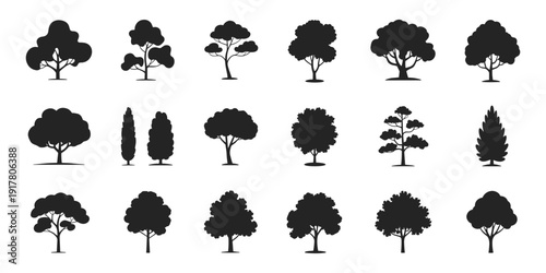 Collection of various tree silhouettes in different shapes